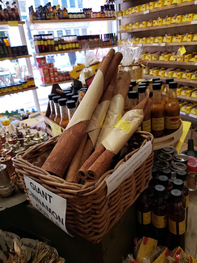 Cinnamon quills in a basket at a spice stall