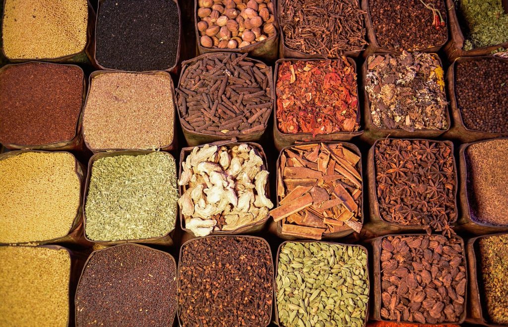 Assorted ground spices in trays